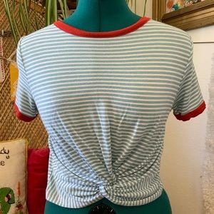 Blue and white striped crop top, t shirt. Red trim